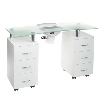 Manikiūro stalas su dulkių surinkėju MANICURE DESK ELEGANCE GLASS WHITE