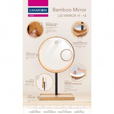 Vaizdą didinantis veidrodis (X1/X3) su LED apšvietimu Lanaform Bamboo Mirror 7